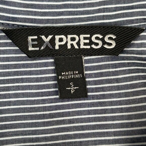 EXPRESS Blue Pinstripe Button Up Shirt Small Petite 3/4 Sleeve Tabs Tunic - Picture 6 of 10